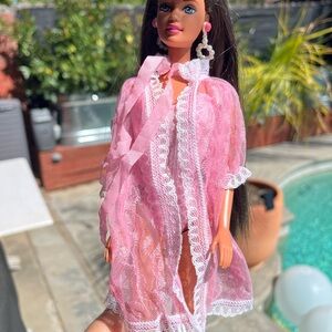 Vintage Barbie Pink Lace Lingerie Robe Teddy Boudoir Outfit 90s (Barbie incl)